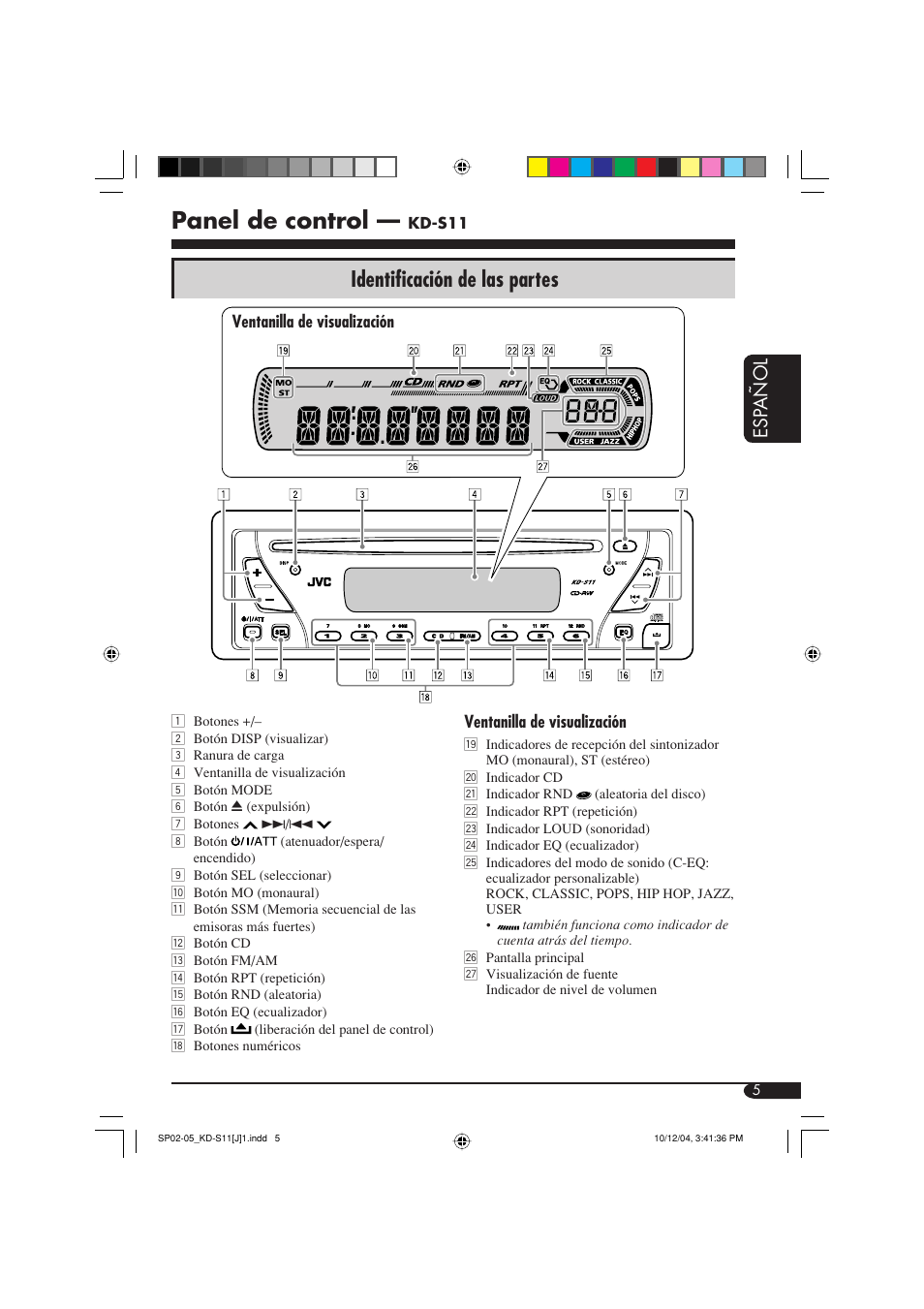 Panel de control, Identificación de las partes, Esp añol | JVC TH-S11 User Manual | Page 23 / 56