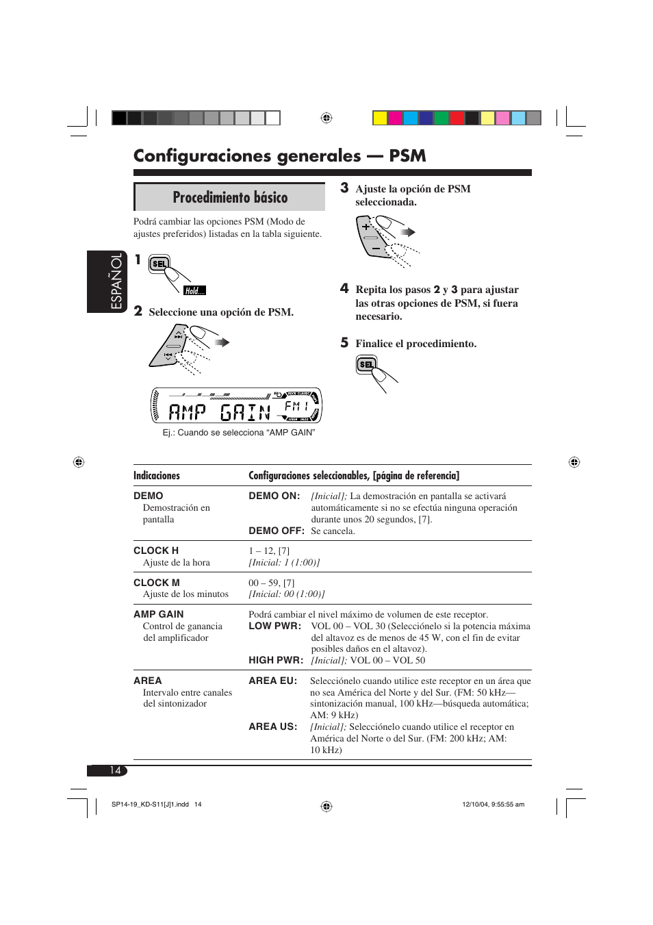 Configuraciones generales — psm, Procedimiento básico, Esp añol | JVC TH-S11 User Manual | Page 32 / 56