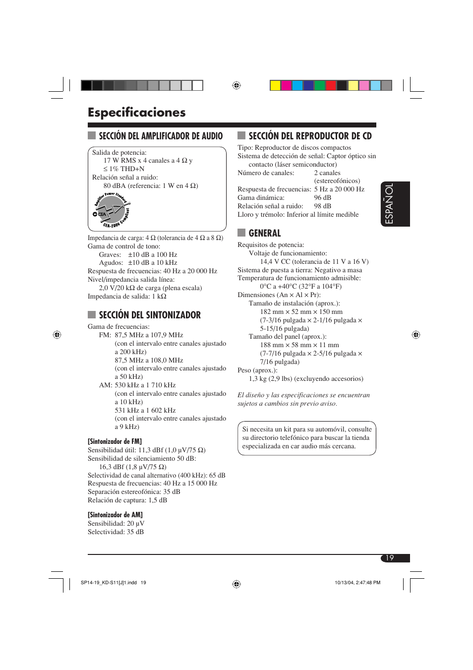 Especificaciones, Esp añol sección del reproductor de cd, General | Sección del amplificador de audio, Sección del sintonizador | JVC TH-S11 User Manual | Page 37 / 56