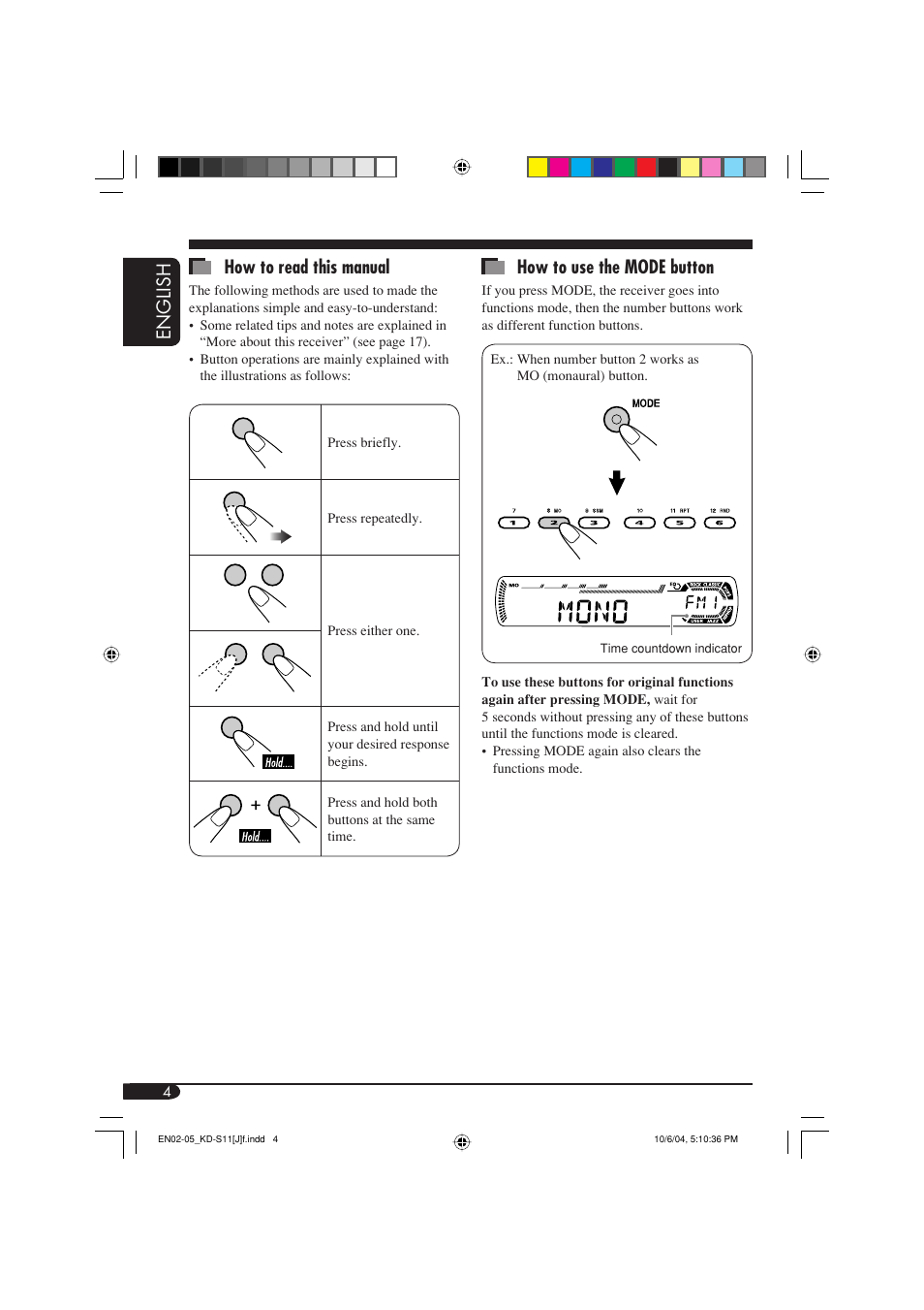 English how to read this manual, How to use the mode button | JVC TH-S11 User Manual | Page 4 / 56