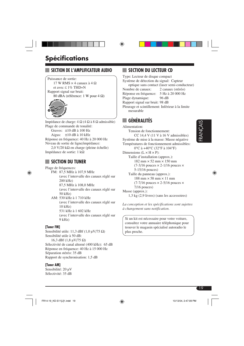 Spécifications, Français, Généralités | JVC TH-S11 User Manual | Page 55 / 56