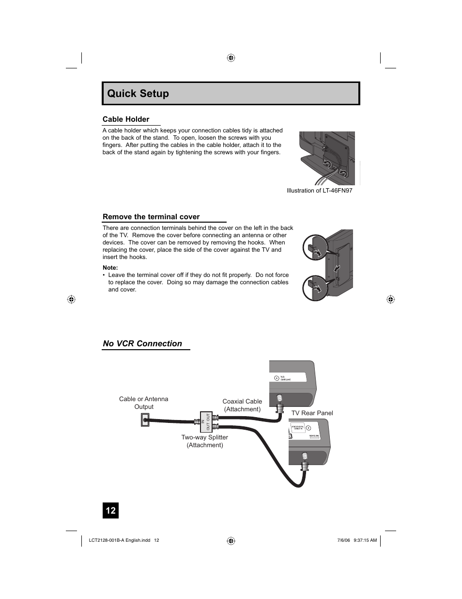 Quick setup, No vcr connection, Cable holder | Remove the terminal cover | JVC 0706TNH-II-IM User Manual | Page 12 / 88