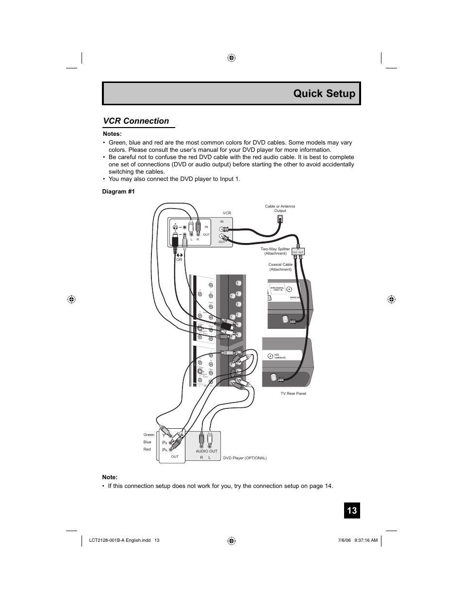 Quick setup, Vcr connection | JVC 0706TNH-II-IM User Manual | Page 13 / 88
