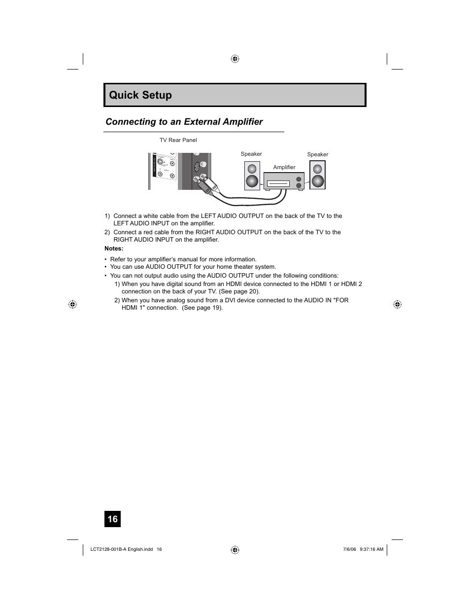 Quick setup, Connecting to an external amplifier | JVC 0706TNH-II-IM User Manual | Page 16 / 88