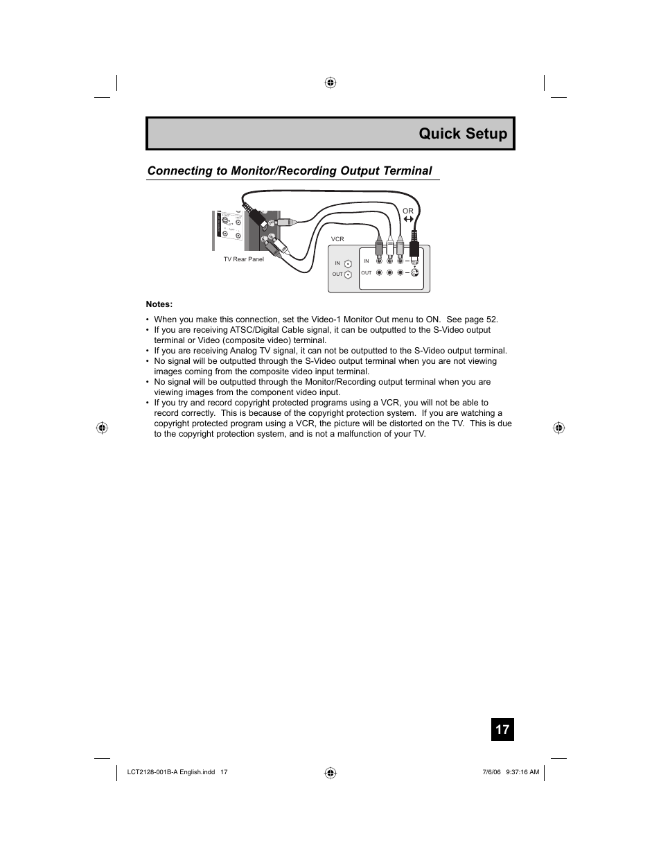 Quick setup, Connecting to monitor/recording output terminal | JVC 0706TNH-II-IM User Manual | Page 17 / 88