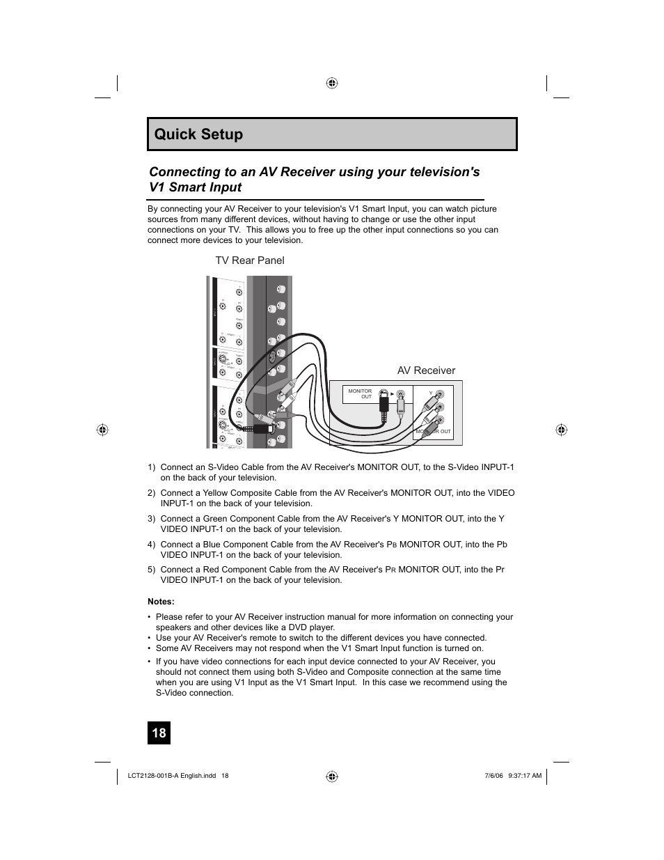 Quick setup, Tv rear panel av receiver | JVC 0706TNH-II-IM User Manual | Page 18 / 88