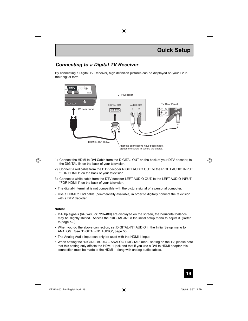Quick setup, Connecting to a digital tv receiver | JVC 0706TNH-II-IM User Manual | Page 19 / 88
