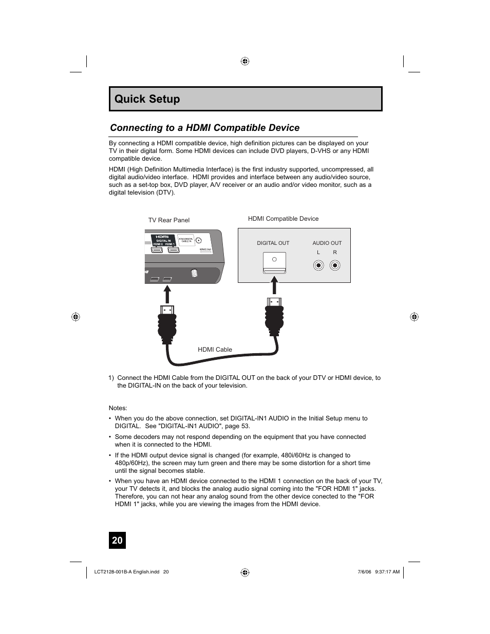 Quick setup, Connecting to a hdmi compatible device | JVC 0706TNH-II-IM User Manual | Page 20 / 88
