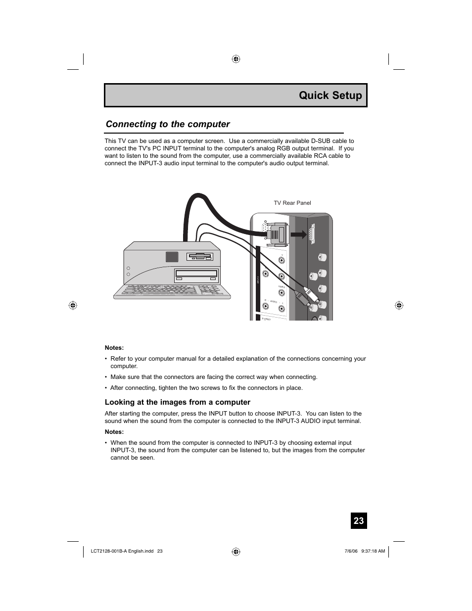 Quick setup, Connecting to the computer, Looking at the images from a computer | JVC 0706TNH-II-IM User Manual | Page 23 / 88