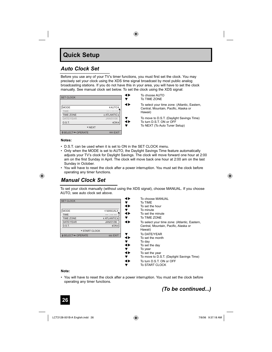 Quick setup, Manual clock set, Auto clock set (to be continued...) | JVC 0706TNH-II-IM User Manual | Page 26 / 88