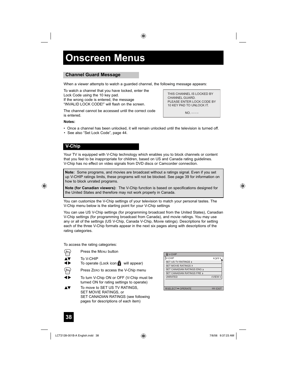 V-chip, Onscreen menus, Channel guard message v-chip | JVC 0706TNH-II-IM User Manual | Page 38 / 88