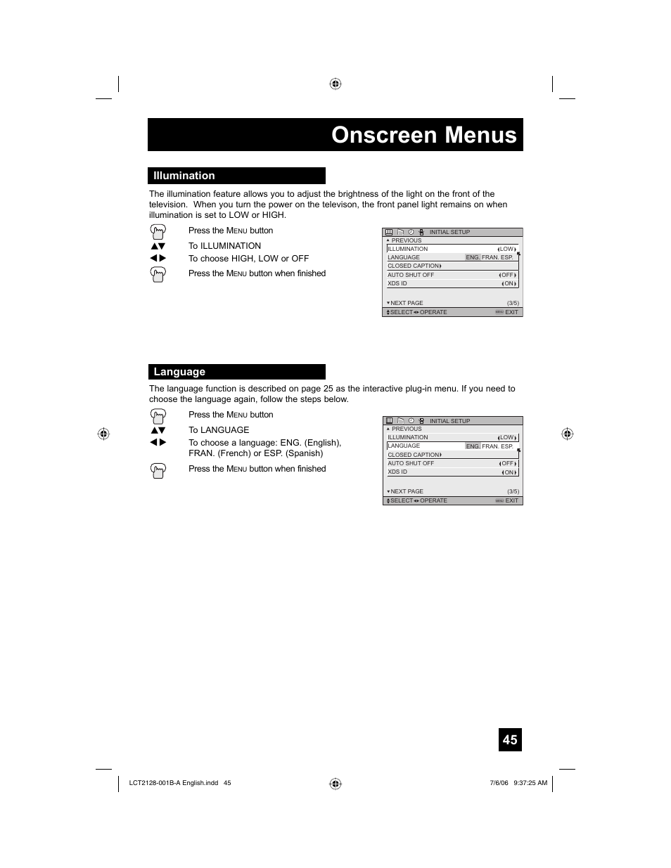 Illumination, Language, Onscreen menus | JVC 0706TNH-II-IM User Manual | Page 45 / 88