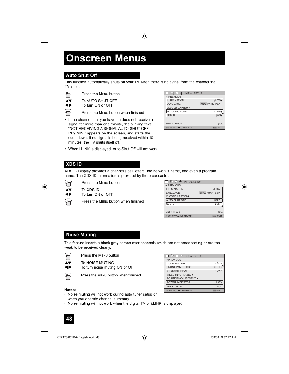 Auto shut off, Xds id, Noise muting | Onscreen menus | JVC 0706TNH-II-IM User Manual | Page 48 / 88
