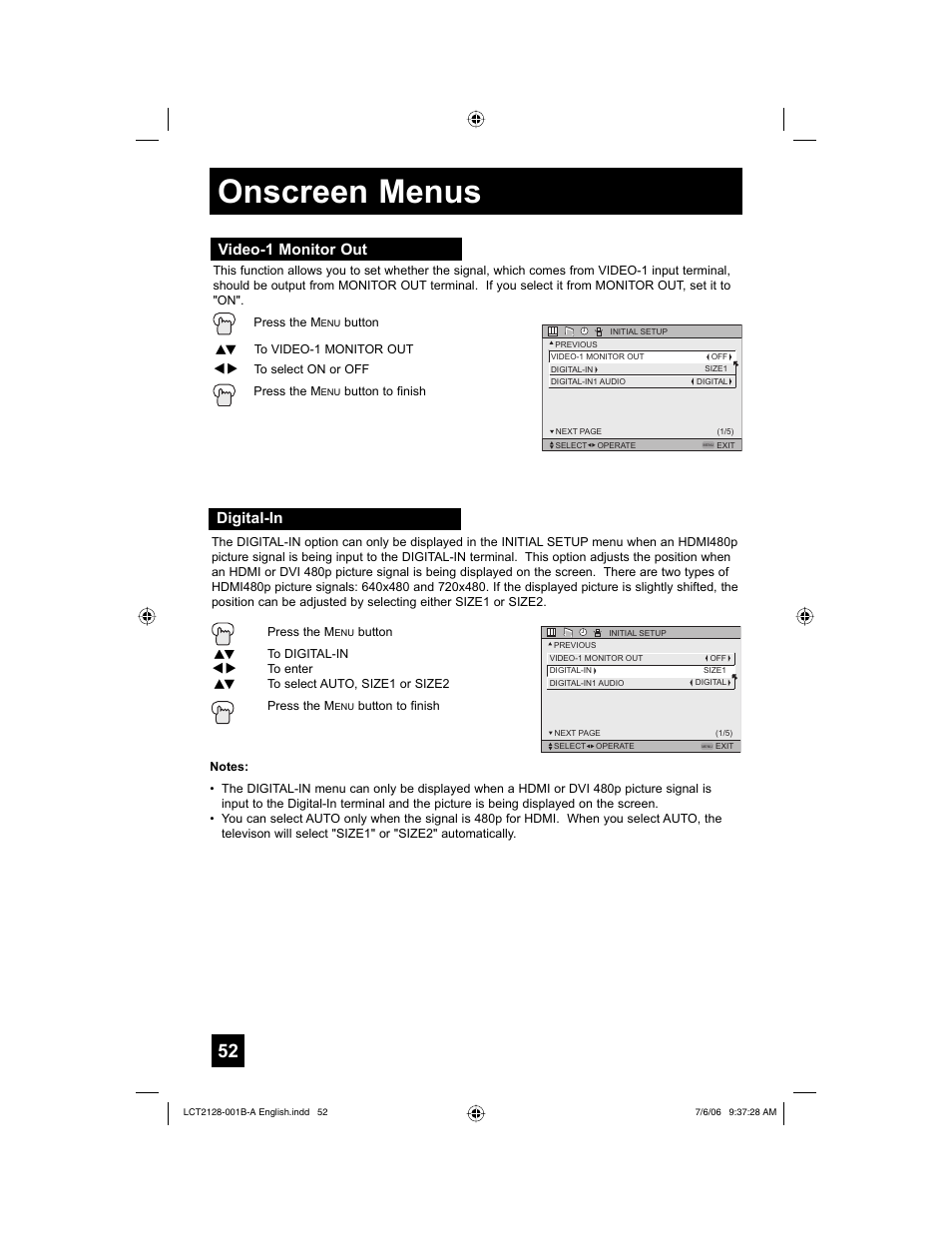 Video-1 monitor out, Digital-in, Onscreen menus | JVC 0706TNH-II-IM User Manual | Page 52 / 88