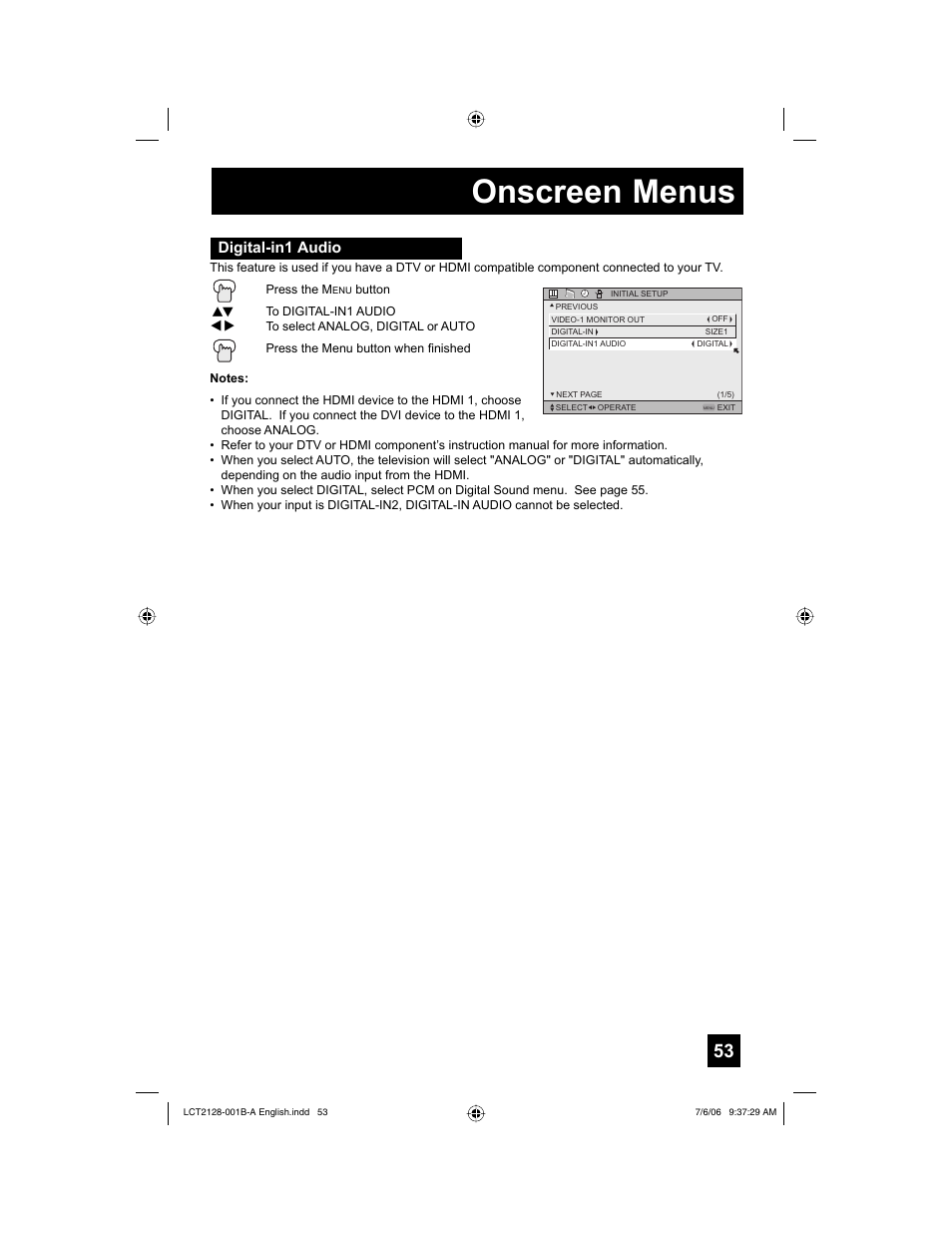 Digital-in1 audio, Onscreen menus | JVC 0706TNH-II-IM User Manual | Page 53 / 88