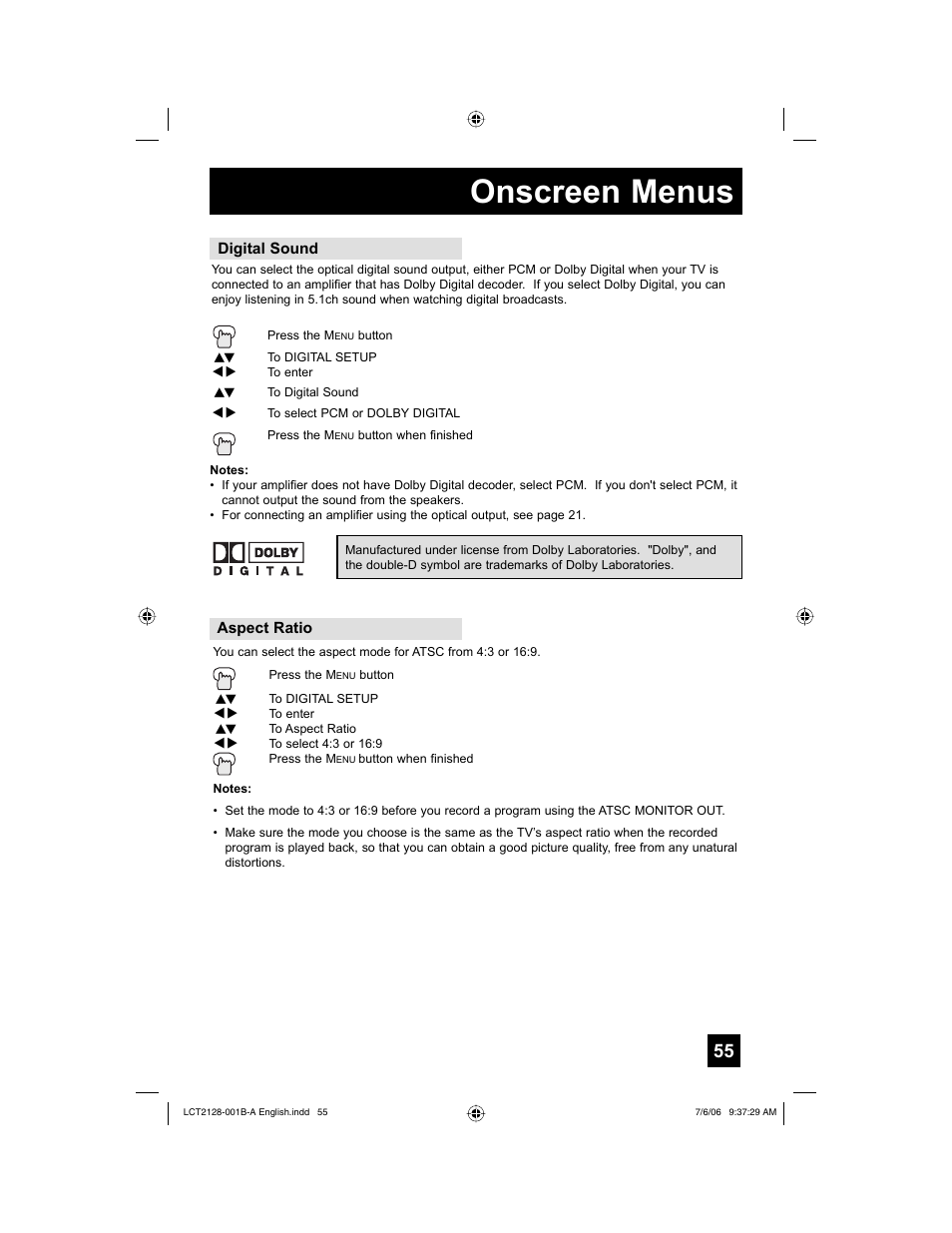 Digital sound, Aspect ratio, Onscreen menus | JVC 0706TNH-II-IM User Manual | Page 55 / 88