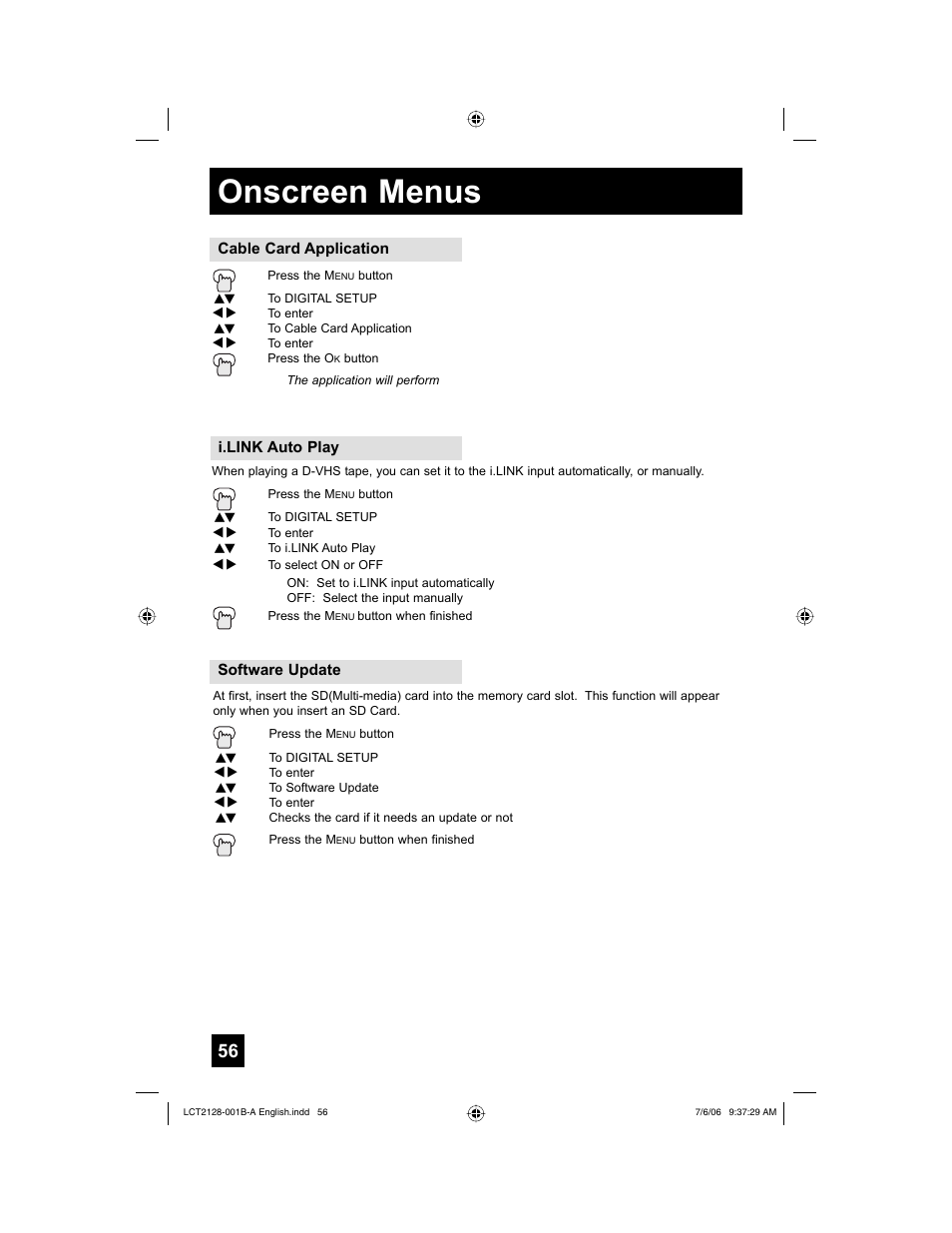 Cable card application, I.link auto play, Software update | Onscreen menus | JVC 0706TNH-II-IM User Manual | Page 56 / 88