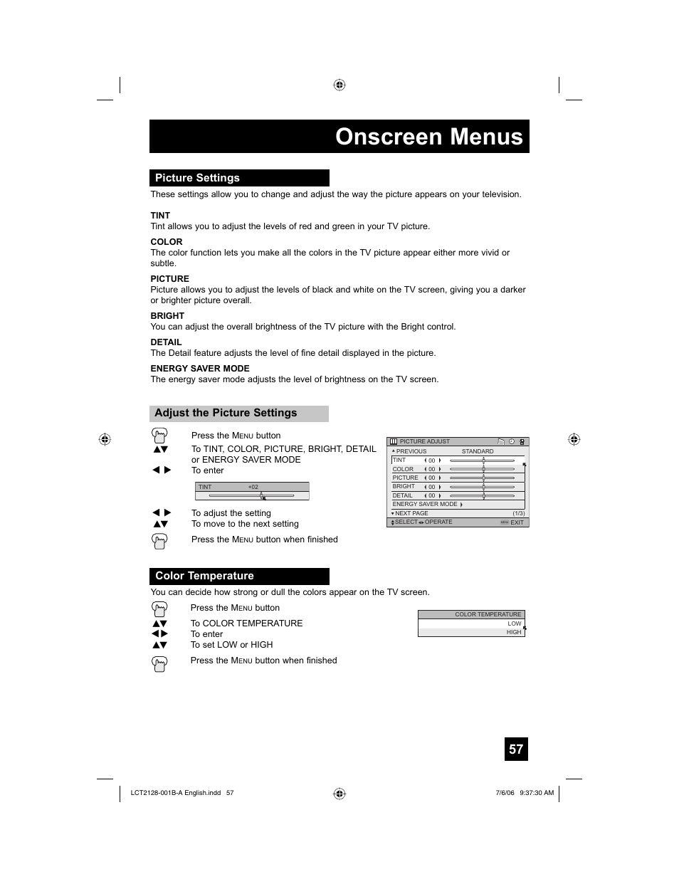 Picture settings, Color temperature, Onscreen menus | JVC 0706TNH-II-IM User Manual | Page 57 / 88