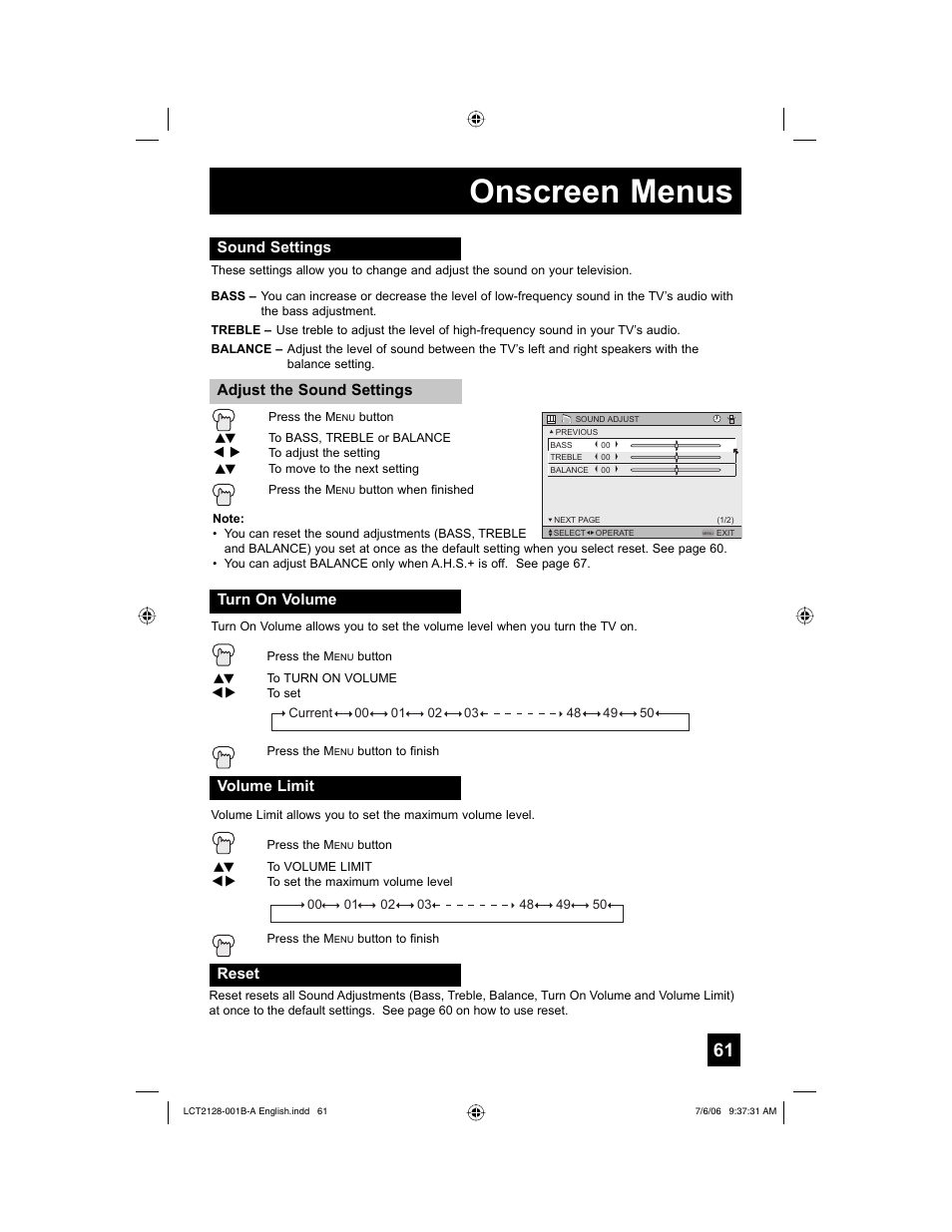 Sound settings, Turn on volume, Volume limit | Reset, Onscreen menus | JVC 0706TNH-II-IM User Manual | Page 61 / 88