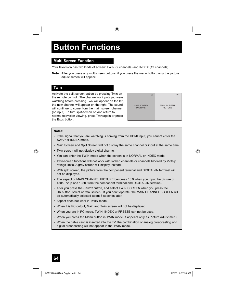 Button functions, Multi screen function, Twin | JVC 0706TNH-II-IM User Manual | Page 64 / 88