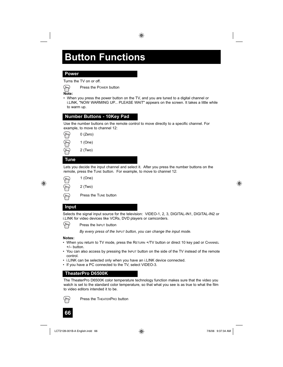 Power, Number buttons - 10key pad, Tune | Input, Theaterpro d6500k, Button functions | JVC 0706TNH-II-IM User Manual | Page 66 / 88
