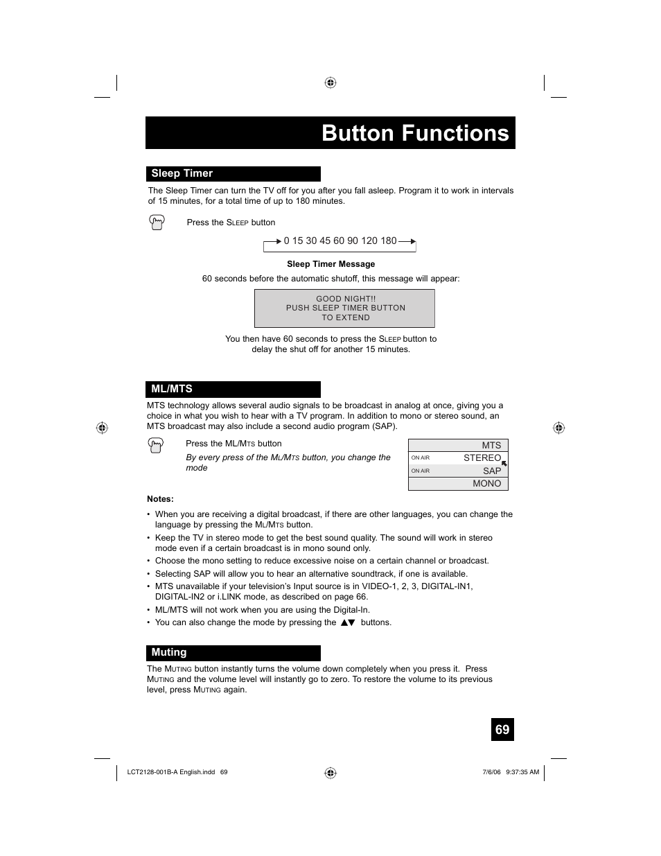 Sleep timer, Ml/mts, Muting | Button functions | JVC 0706TNH-II-IM User Manual | Page 69 / 88