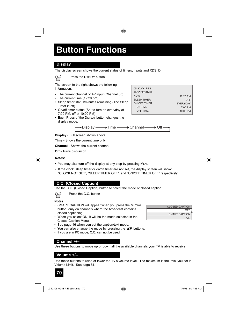 Display, C.c. (closed caption), Channel | Volume, Button functions | JVC 0706TNH-II-IM User Manual | Page 70 / 88