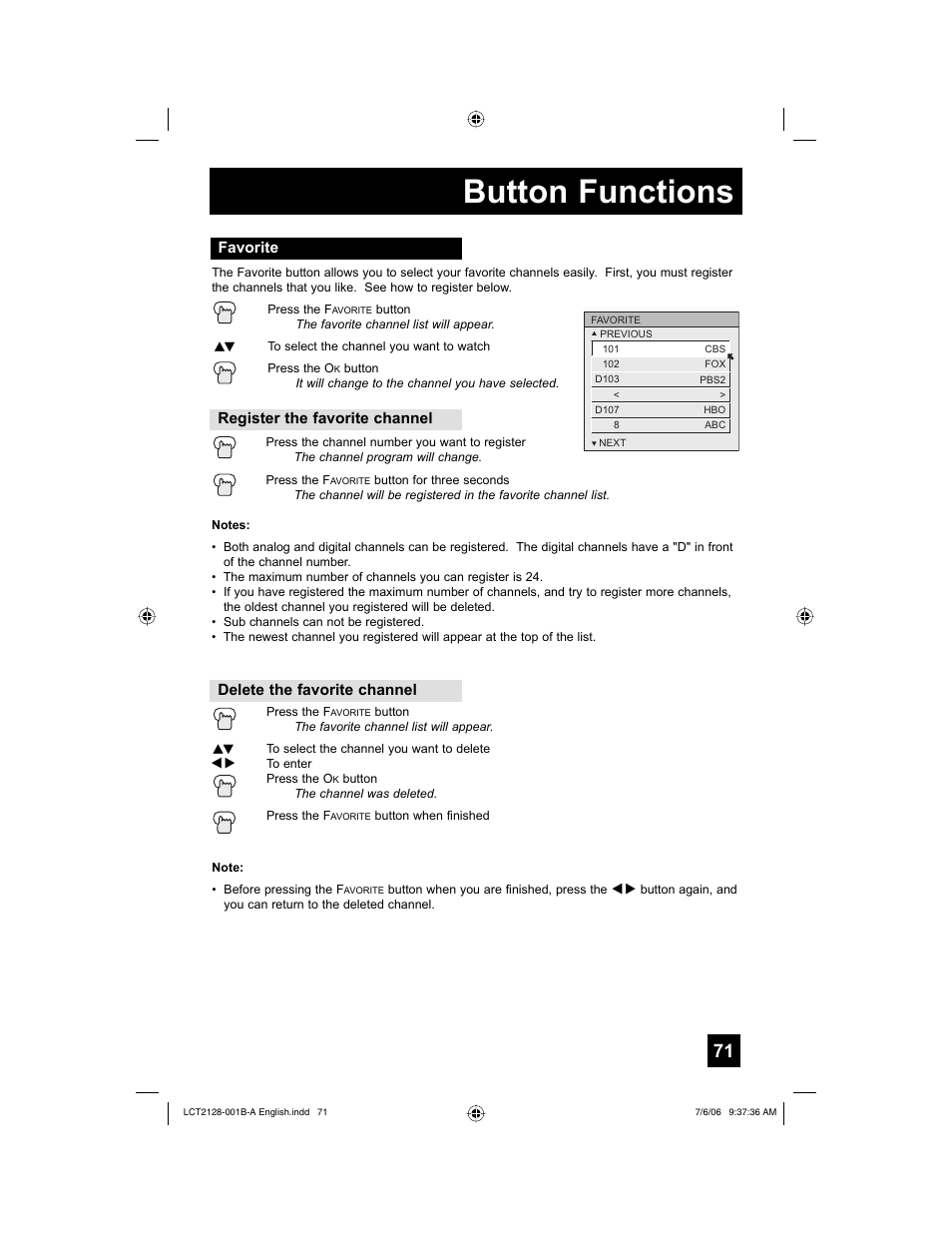 Favorite, Button functions | JVC 0706TNH-II-IM User Manual | Page 71 / 88