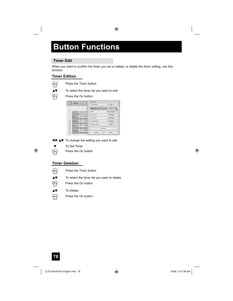 Button functions, Timer edit, Timer edition | Timer deletion | JVC 0706TNH-II-IM User Manual | Page 78 / 88