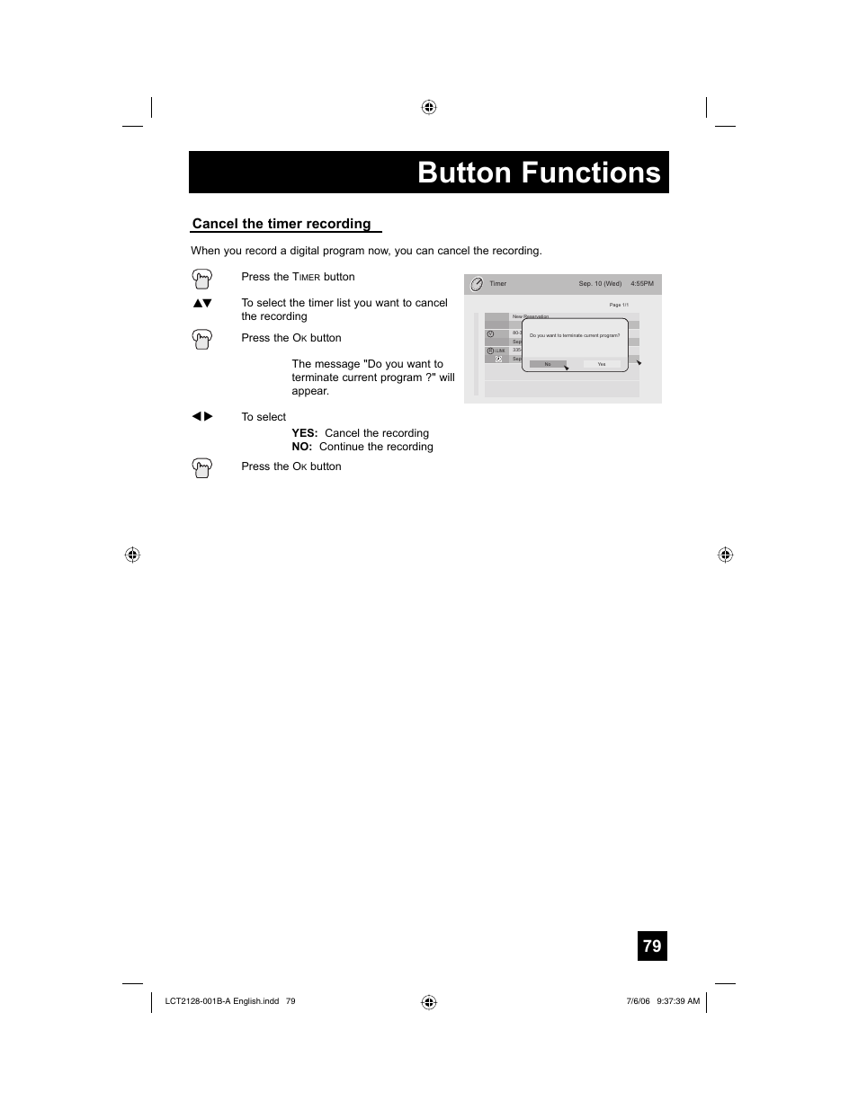 Button functions, Cancel the timer recording | JVC 0706TNH-II-IM User Manual | Page 79 / 88