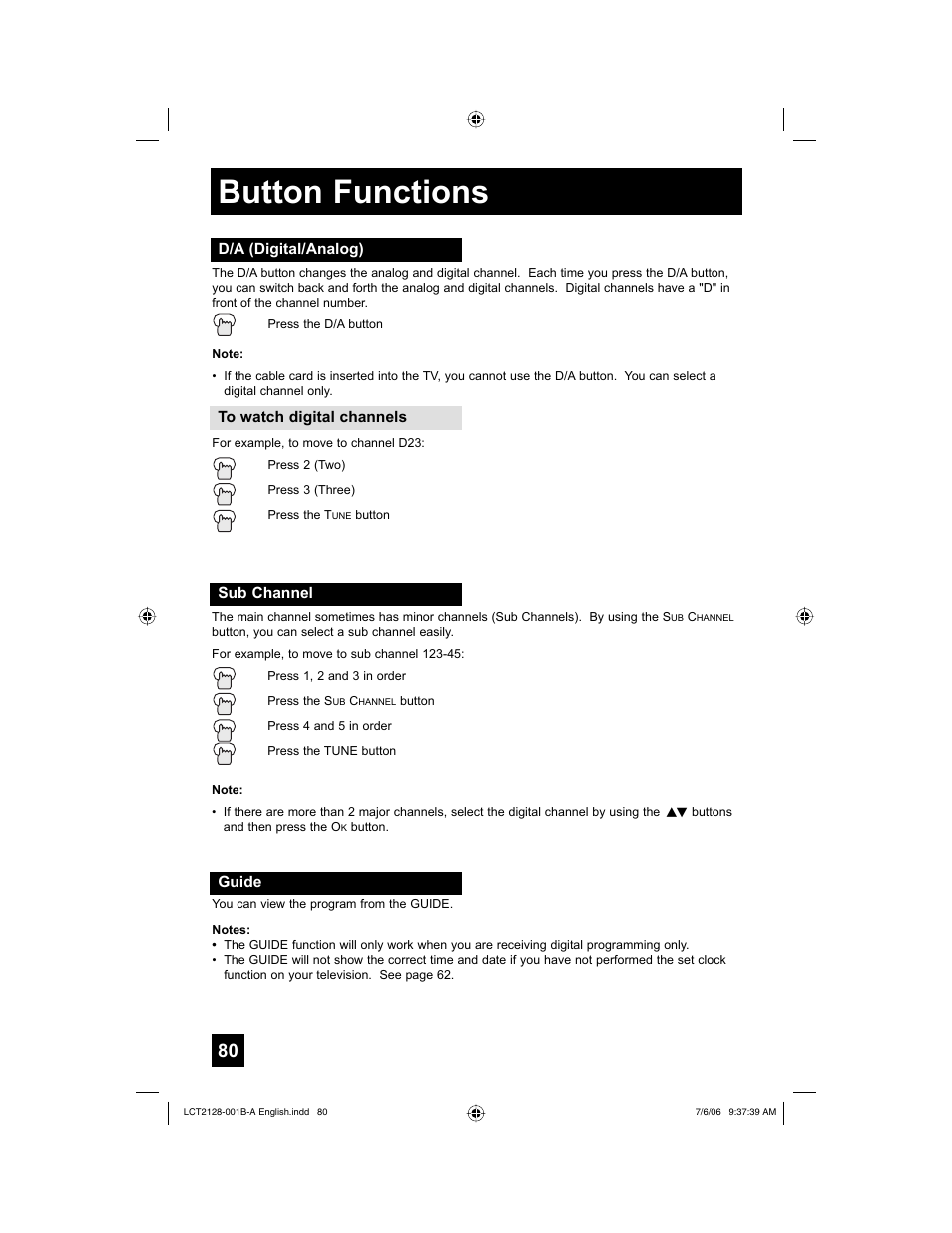 D/a (digital/analog), Sub channel, Guide | Button functions | JVC 0706TNH-II-IM User Manual | Page 80 / 88