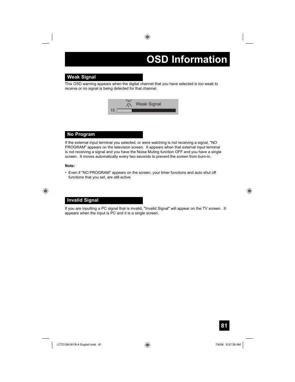 Osd information, Weak signal, No program | Invalid signal | JVC 0706TNH-II-IM User Manual | Page 81 / 88
