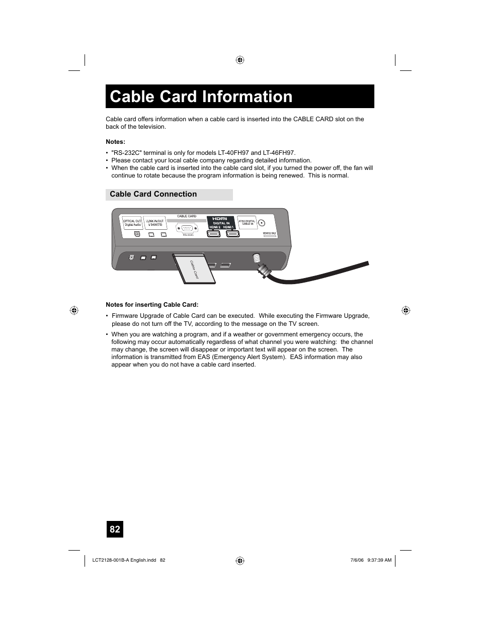 Cable card information, Cable card connection | JVC 0706TNH-II-IM User Manual | Page 82 / 88