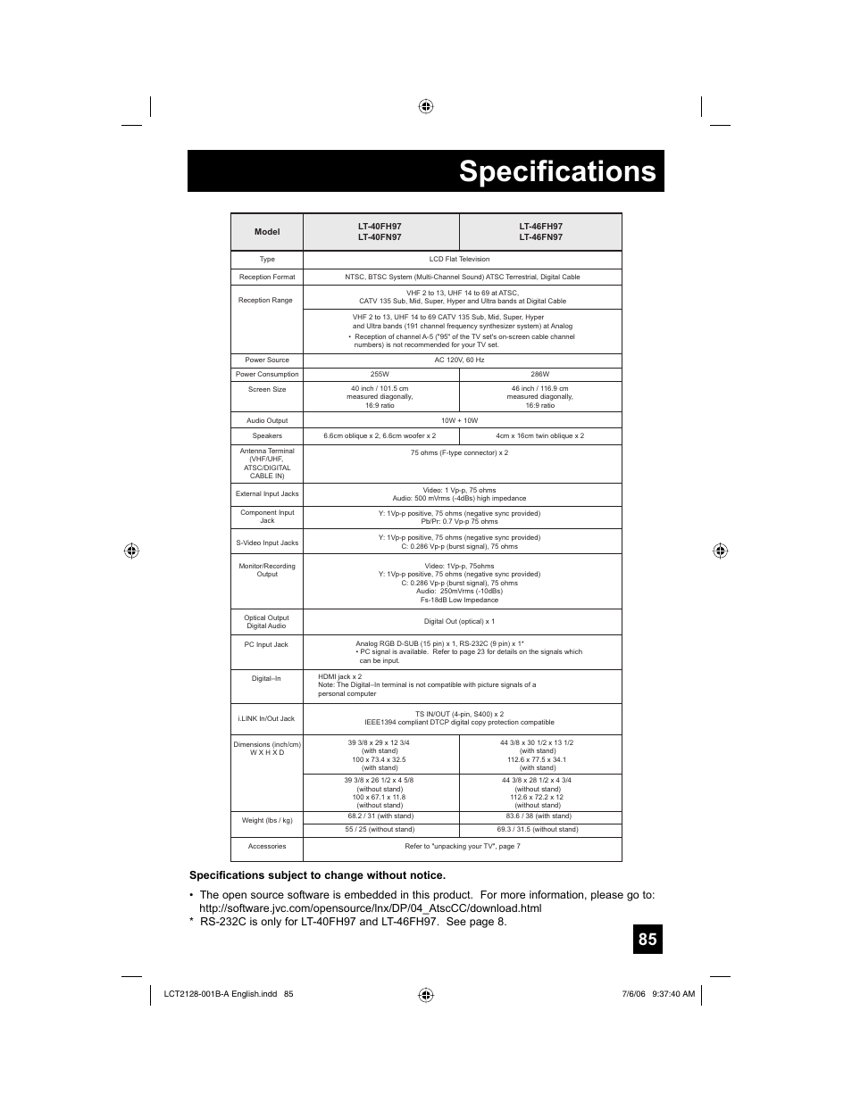 Specifications | JVC 0706TNH-II-IM User Manual | Page 85 / 88