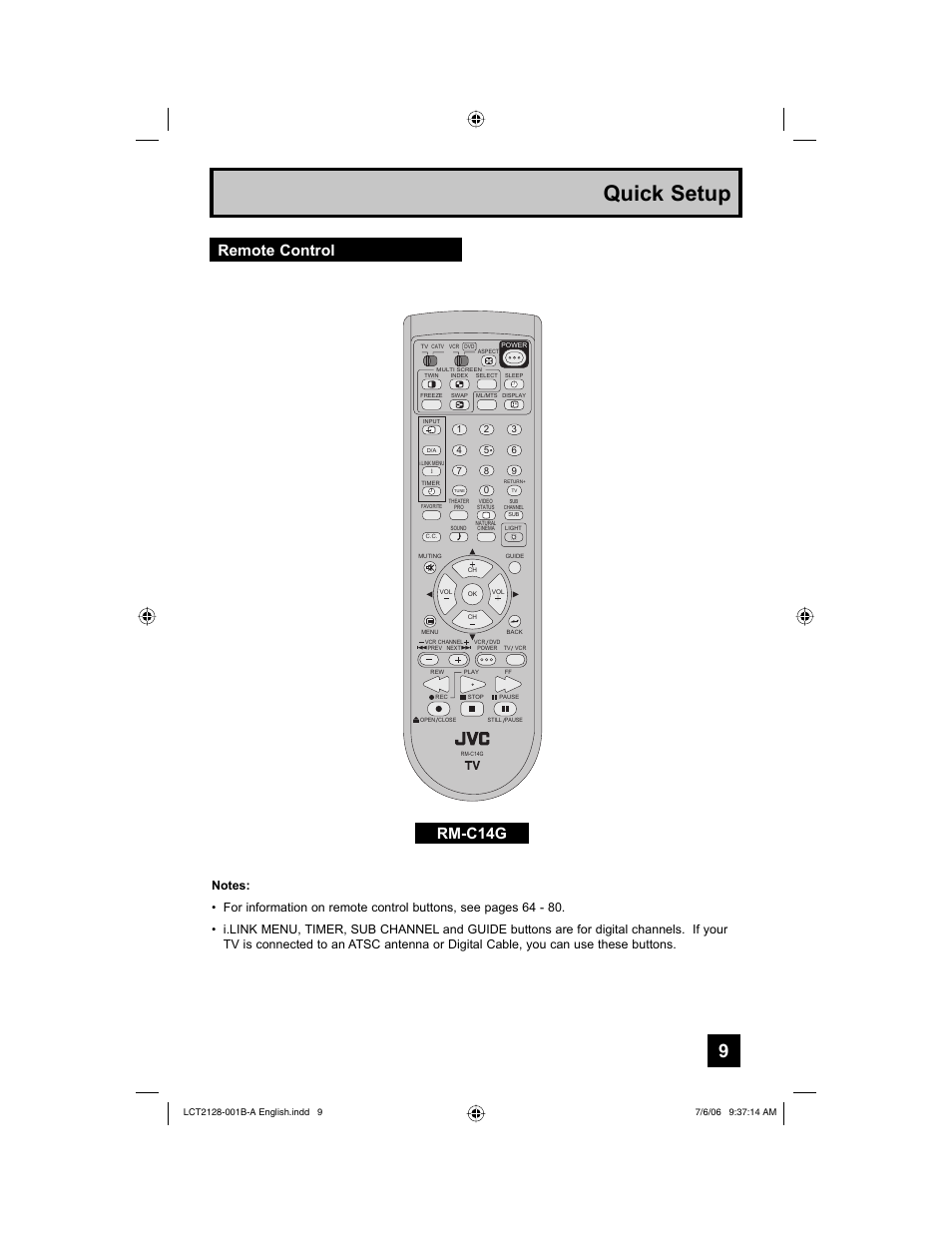 Remote control, Quick setup, Rm-c14g remote control | JVC 0706TNH-II-IM User Manual | Page 9 / 88