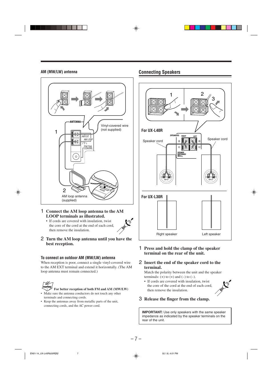 Connecting speakers | JVC UX-L40R User Manual | Page 10 / 32