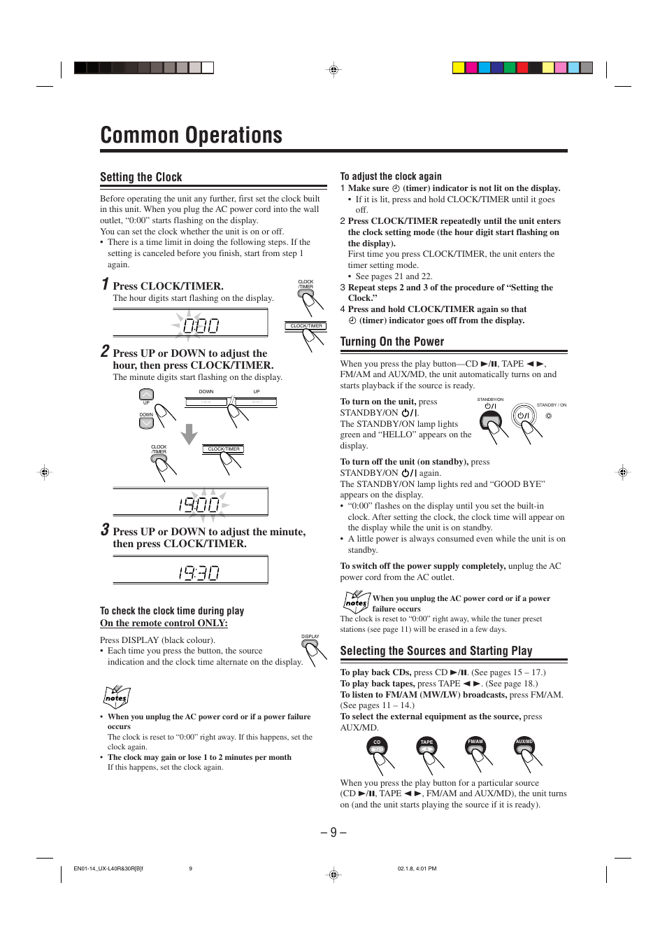 Common operations, Setting the clock, Turning on the power | Selecting the sources and starting play | JVC UX-L40R User Manual | Page 12 / 32