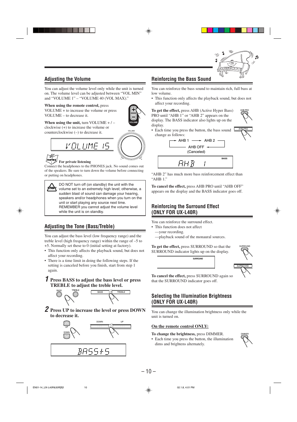 Reinforcing the bass sound, Reinforcing the surround effect (only for ux-l40r), Adjusting the volume | Adjusting the tone (bass/treble) | JVC UX-L40R User Manual | Page 13 / 32