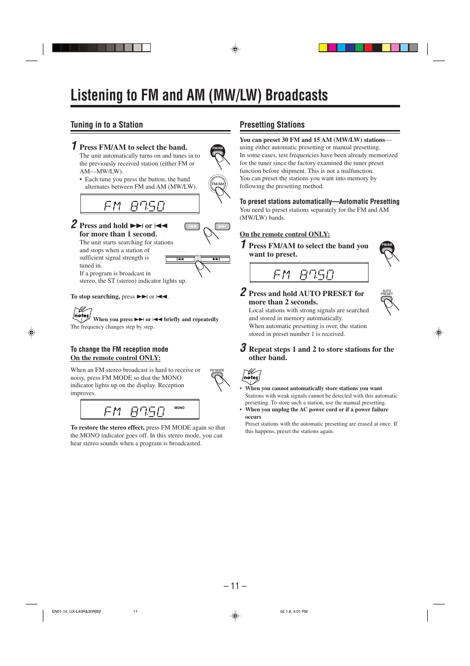Listening to fm and am (mw/lw) broadcasts, Tuning in to a station, Presetting stations | JVC UX-L40R User Manual | Page 14 / 32
