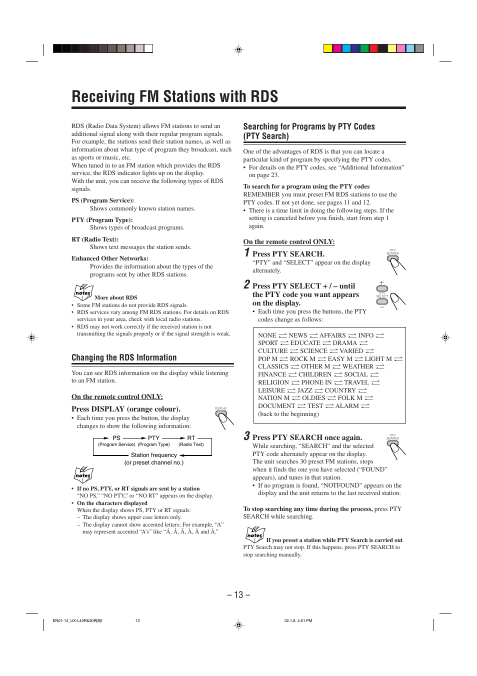Receiving fm stations with rds, Changing the rds information, Searching for programs by pty codes (pty search) | JVC UX-L40R User Manual | Page 16 / 32