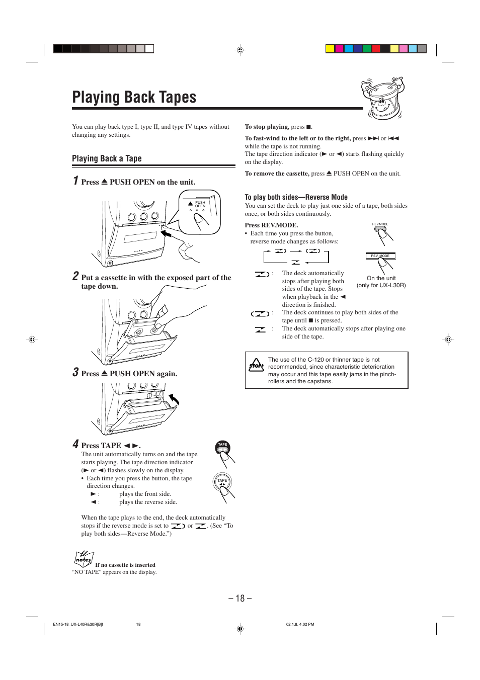 Playing back tapes, Playing back a tape | JVC UX-L40R User Manual | Page 21 / 32