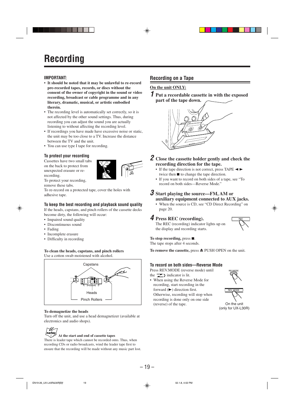 Recording, Recording on a tape | JVC UX-L40R User Manual | Page 22 / 32