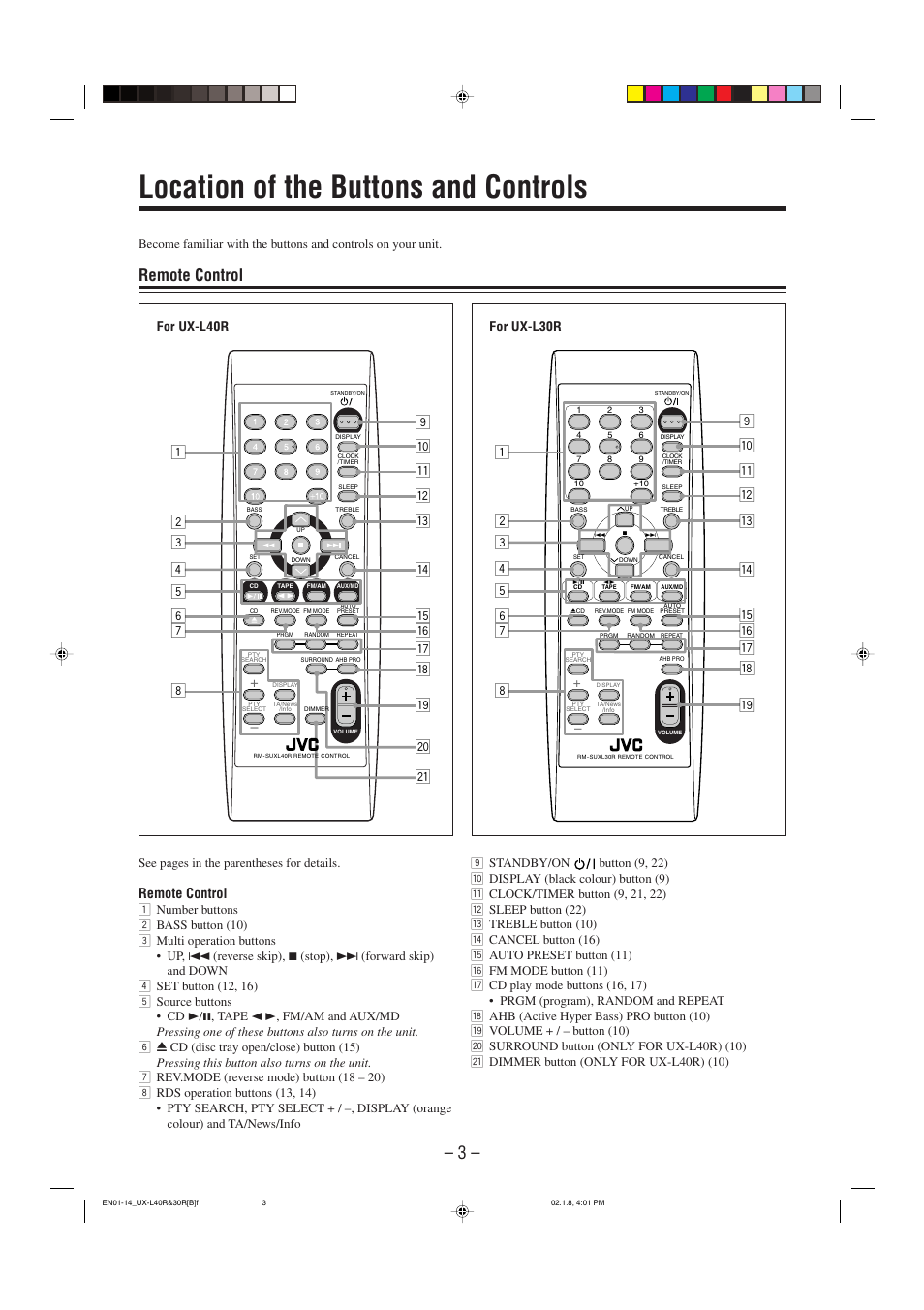 Location of the buttons and controls, Remote control, For ux-l40r for ux-l30r | JVC UX-L40R User Manual | Page 6 / 32
