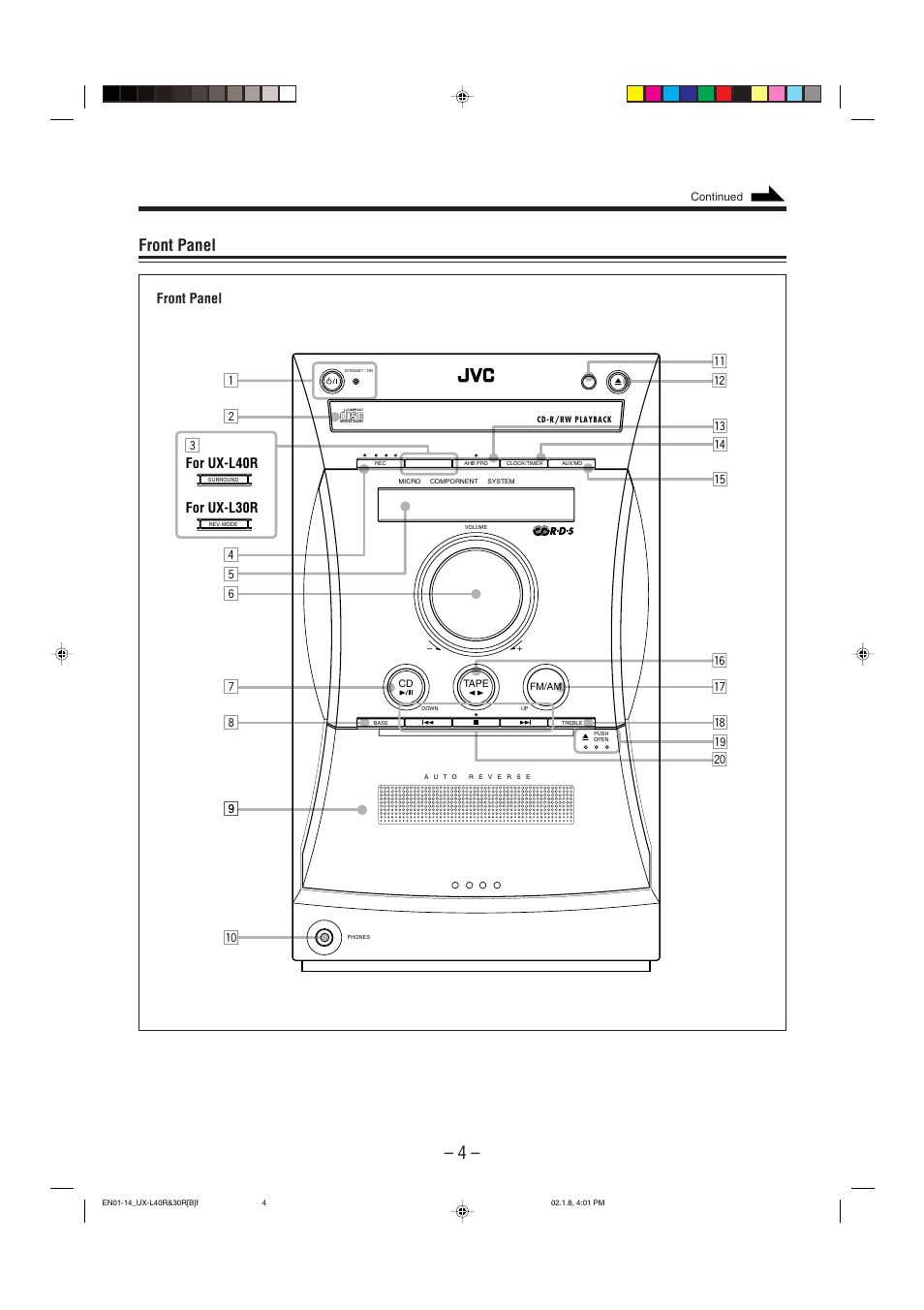 Front panel, For ux-l30r for ux-l40r | JVC UX-L40R User Manual | Page 7 / 32