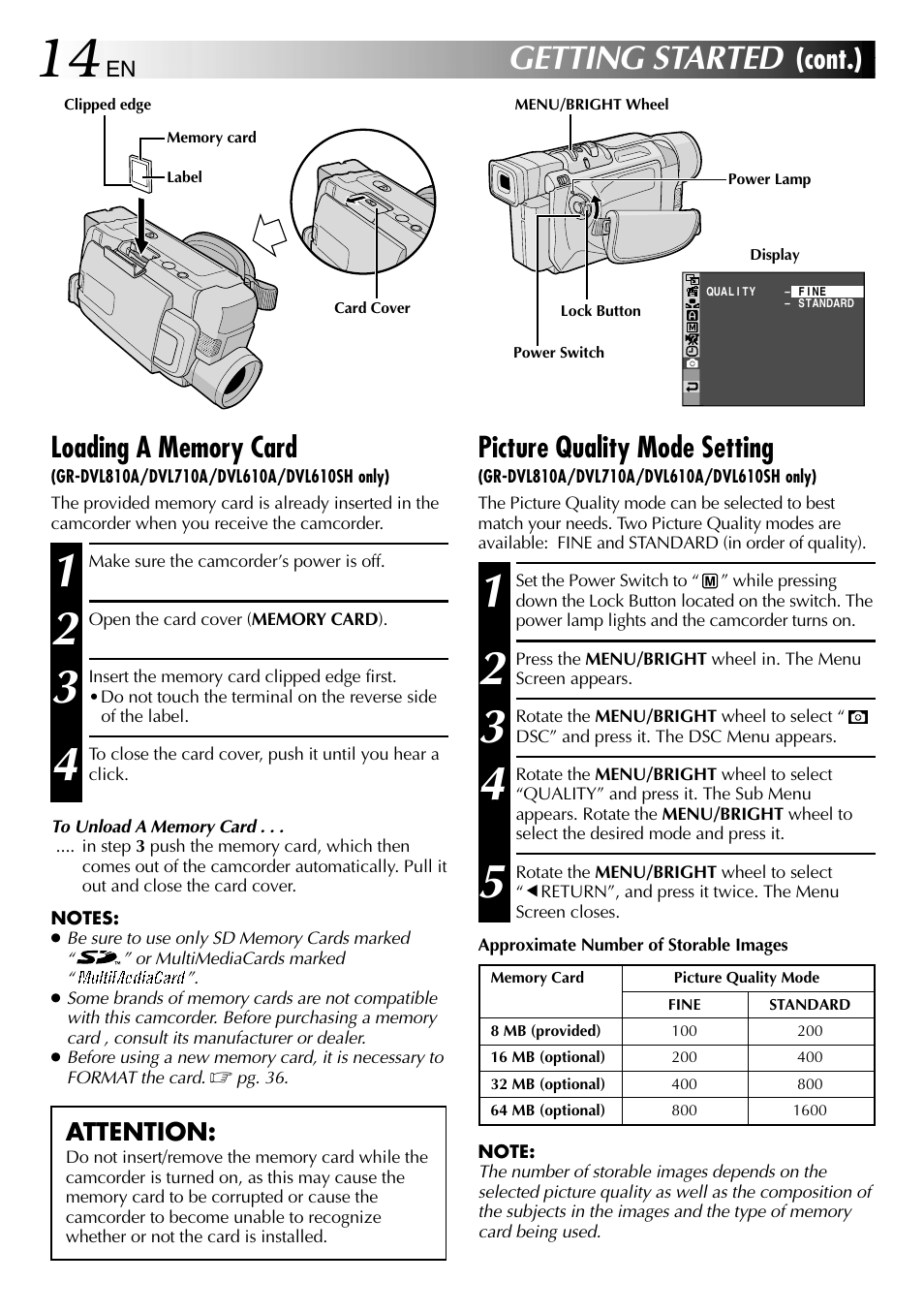 Getting started, Cont.) picture quality mode setting, Attention | JVC GR-DVL610SH User Manual | Page 14 / 92