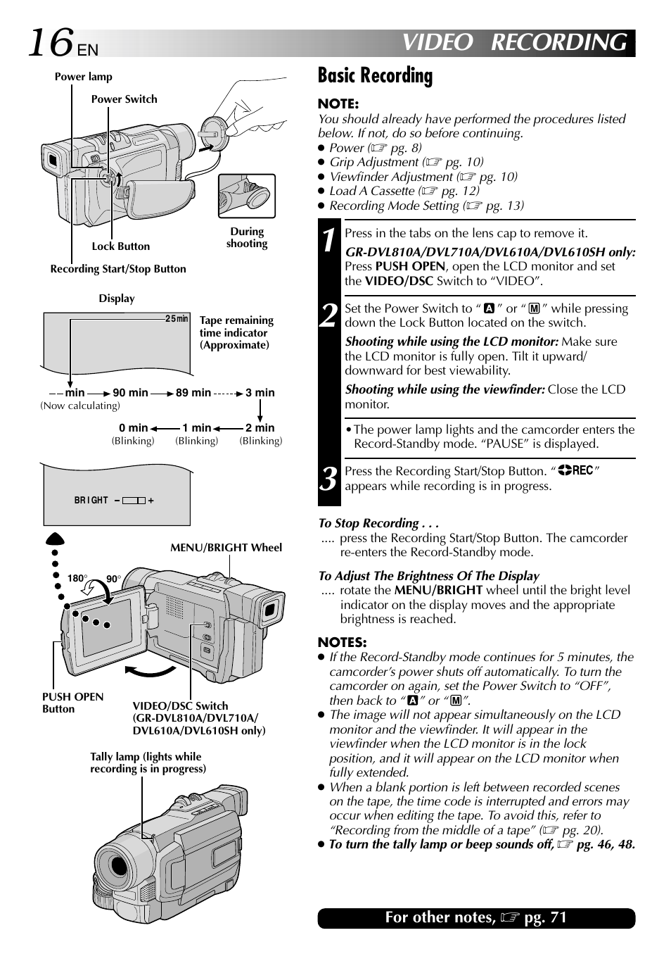 Video recording, Basic recording | JVC GR-DVL610SH User Manual | Page 16 / 92