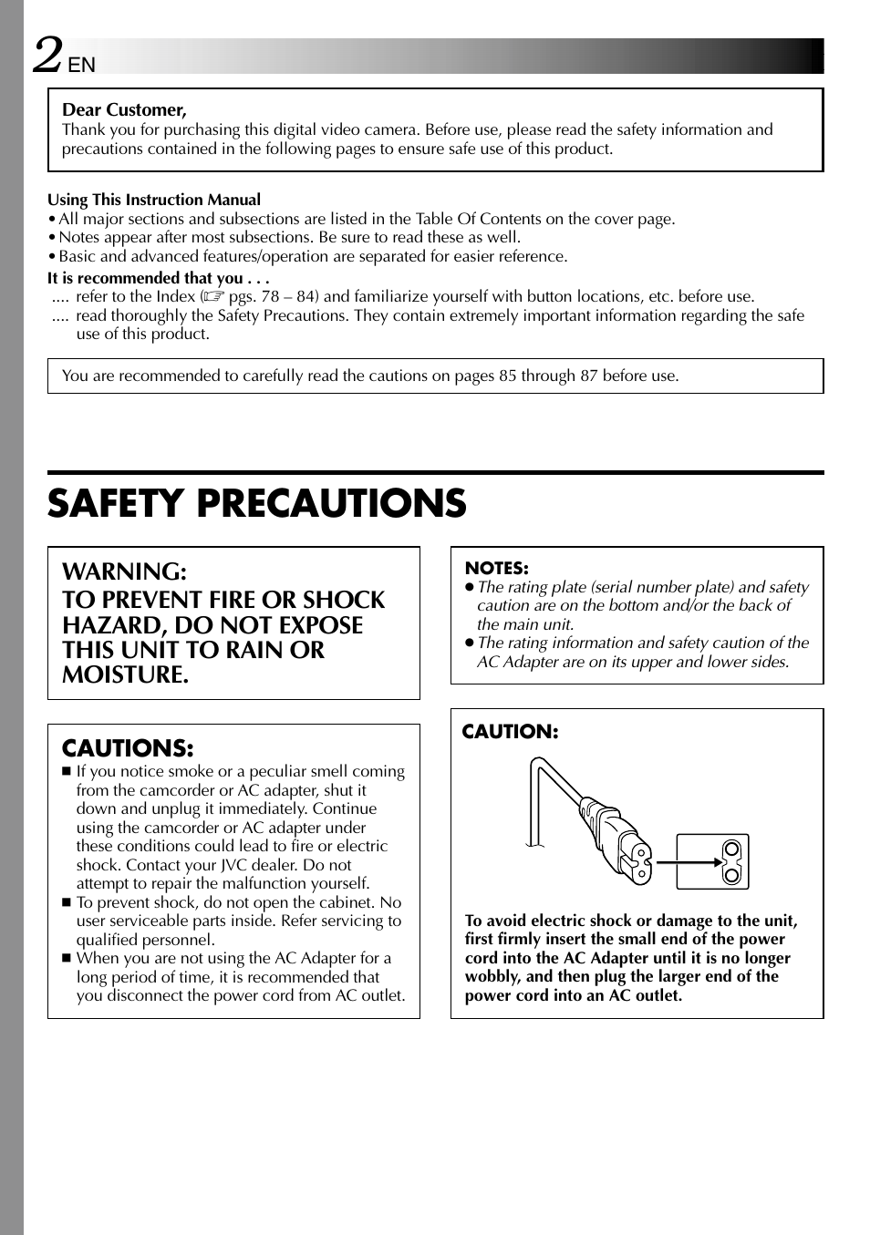 Safety precautions | JVC GR-DVL610SH User Manual | Page 2 / 92