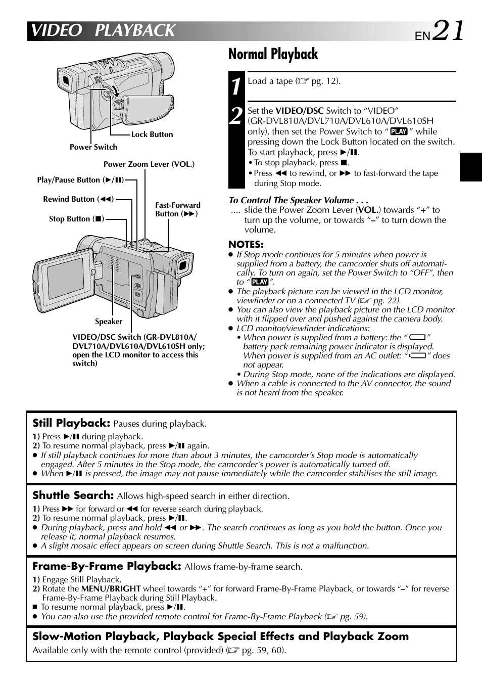 Video playback, Normal playback | JVC GR-DVL610SH User Manual | Page 21 / 92