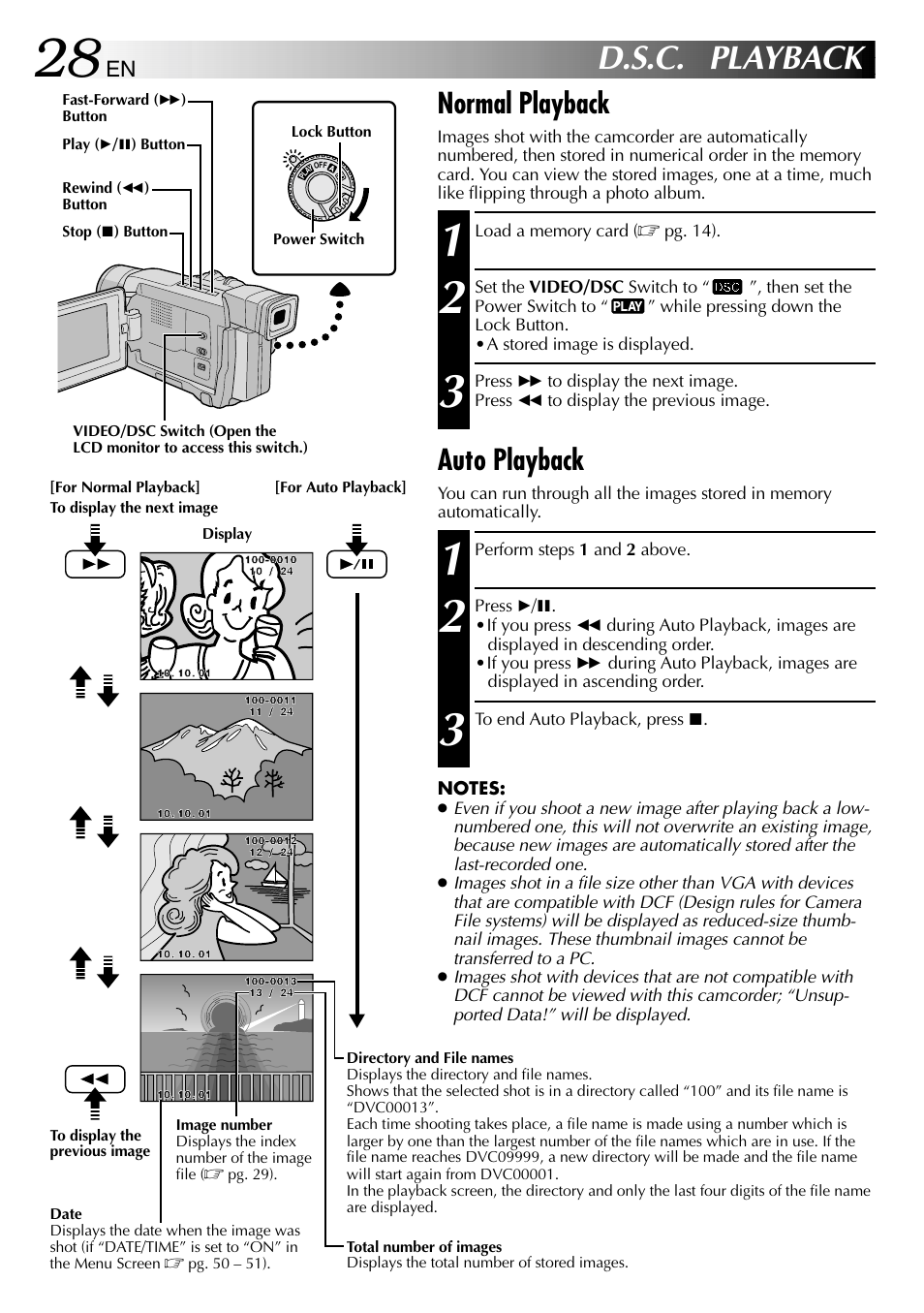 D.s.c. playback, Normal playback, Auto playback | JVC GR-DVL610SH User Manual | Page 28 / 92