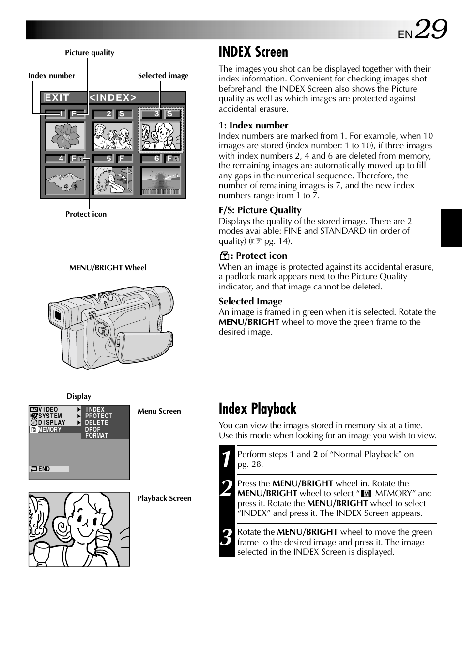 Index screen, Index playback | JVC GR-DVL610SH User Manual | Page 29 / 92